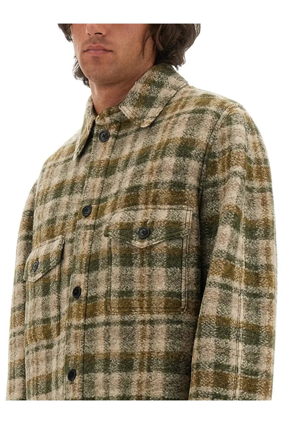 Isabel Marant men’s shirt kervon multicolor textured olive and beige plaid flannel with dark buttons