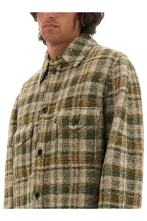 Isabel Marant men’s shirt kervon multicolor textured olive and beige plaid flannel with dark buttons