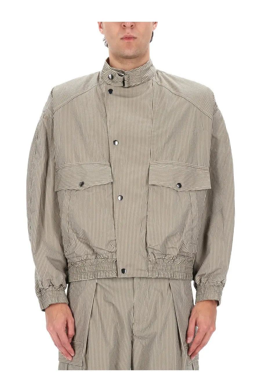Isabel Marant men’s short jacket beige with black vertical stripes high collar buttoned flap pockets and elasticated cuffs