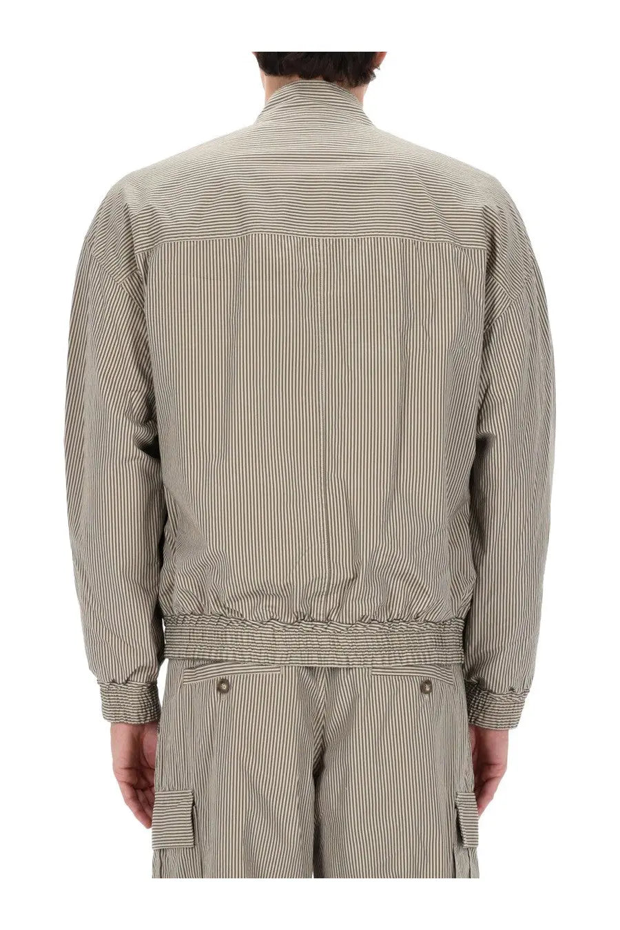 Isabel Marant men’s short jacket in beige with black vertical stripes made of cotton featuring a high collar and elasticated waistband