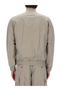 Isabel Marant men’s short jacket in beige with black vertical stripes made of cotton featuring a high collar and elasticated waistband
