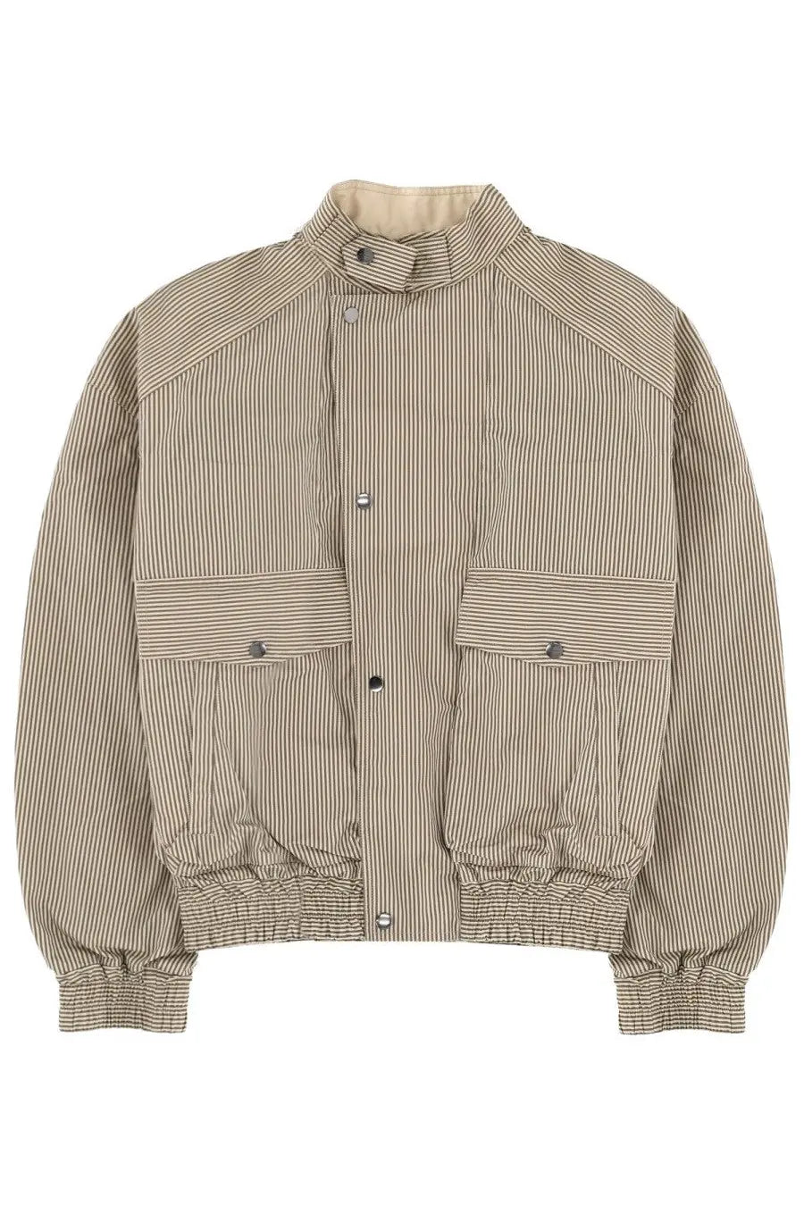 Isabel Marant men’s short bomber jacket in beige with brown vertical stripes and silver buttons