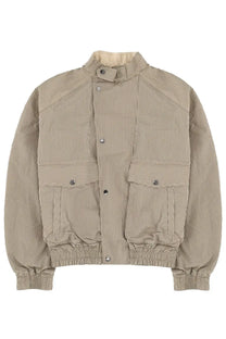 Isabel Marant men’s short bomber jacket in beige with brown vertical stripes and silver buttons