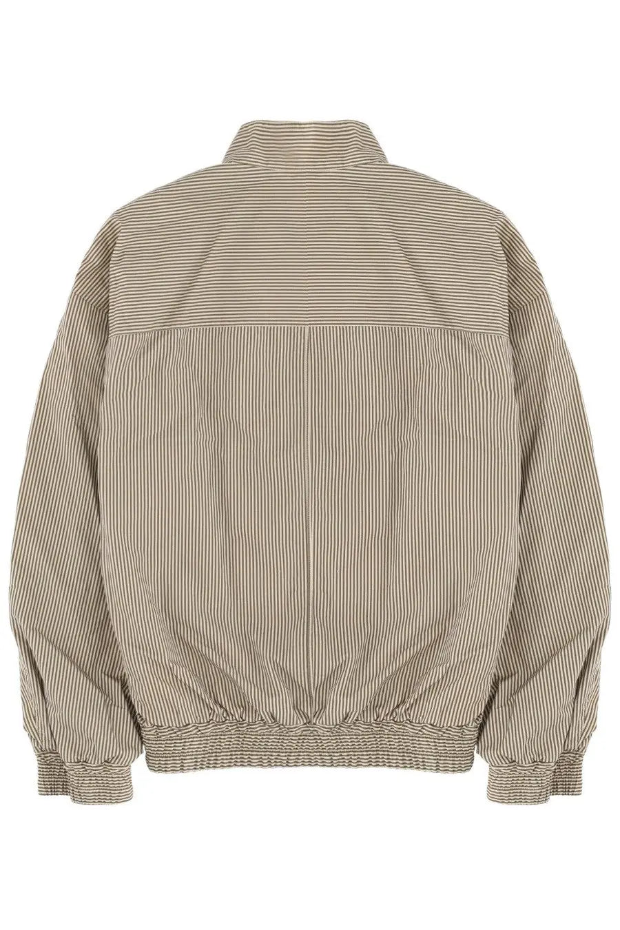 Isabel Marant men’s short bomber jacket in beige and white vertical stripes with ribbed collar cuffs and hem
