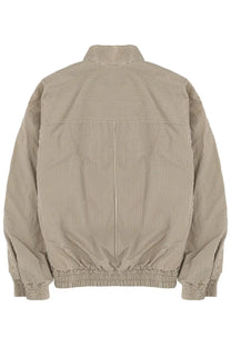 Isabel Marant men’s short bomber jacket in beige and white vertical stripes with ribbed collar cuffs and hem