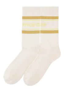 Isabel marant men’s cream-colored socks with two gold stripes and subtle yellow logo in pink collection