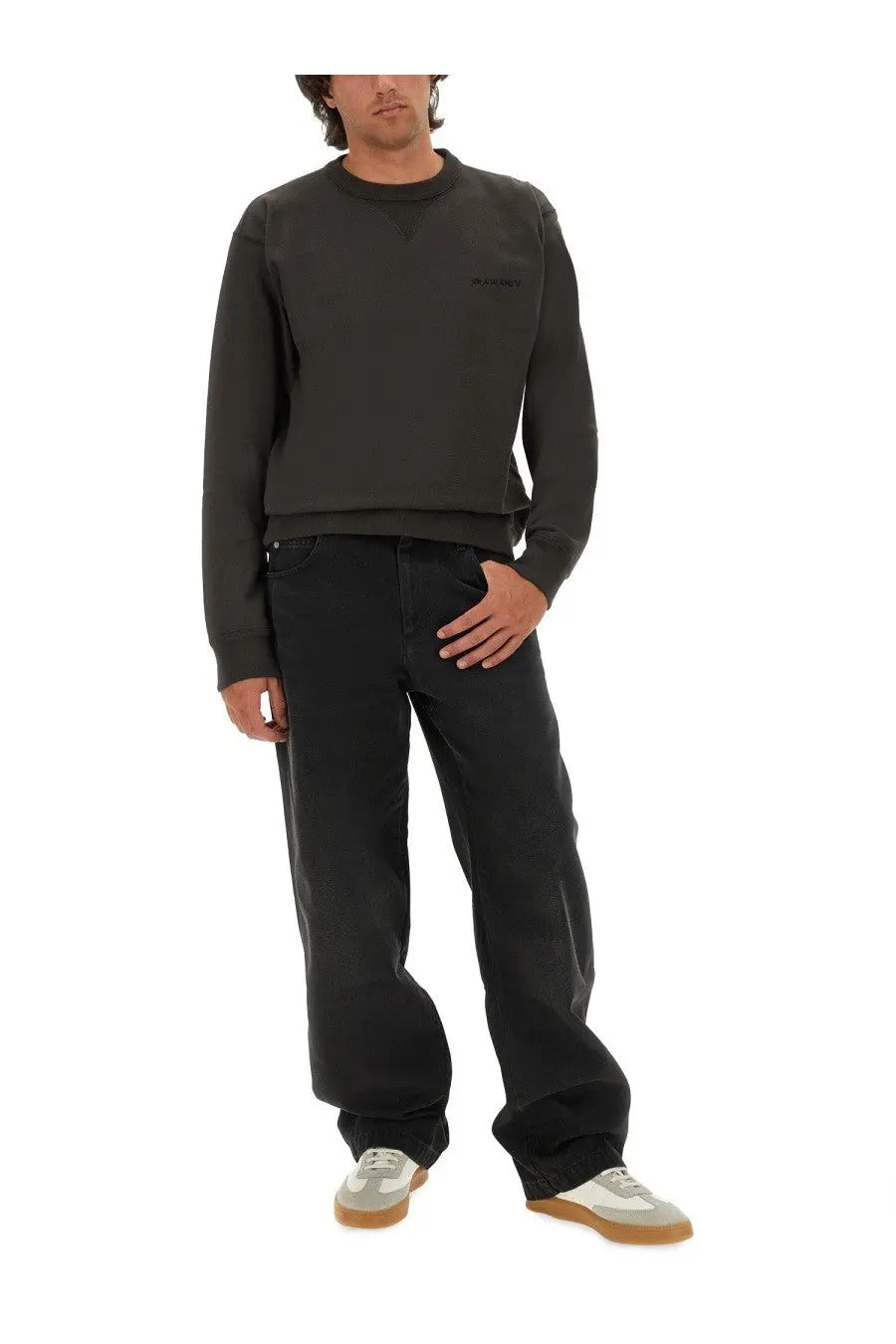 Isabel Marant men’s dark olive green crewneck sweatshirt with subtle black embroidered branding on left chest