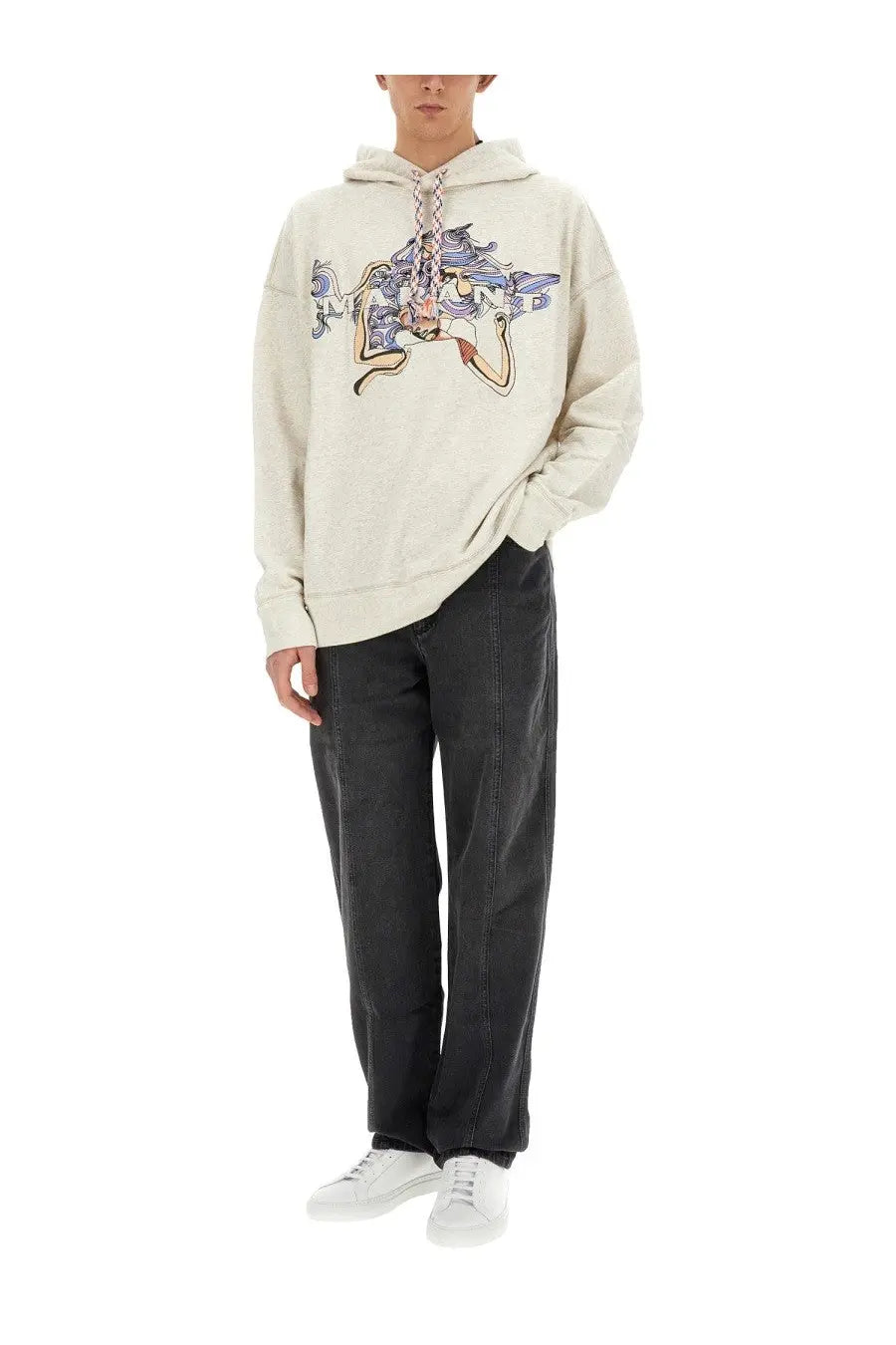 Cream-colored sweatshirt with detailed colorful graphic print on front from isabel marant men’s collection
