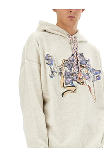 Isabel Marant men’s heather gray sweatshirt with vibrant graphic of woman with flowing blue and purple hair