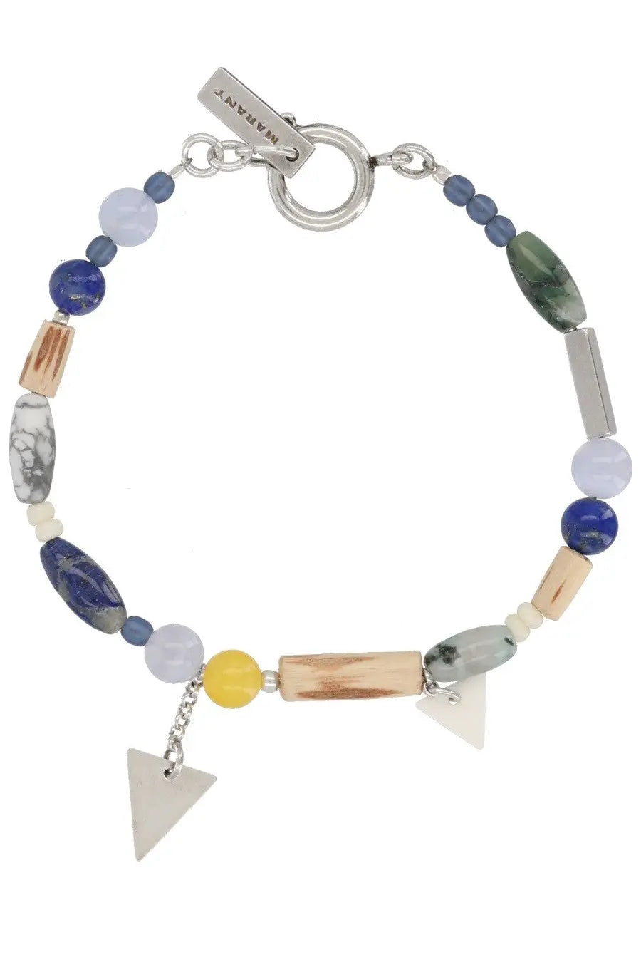 Isabel Marant men’s Yulian bracelet blue with colorful blue green and white beads metallic accents and silver toggle clasp
