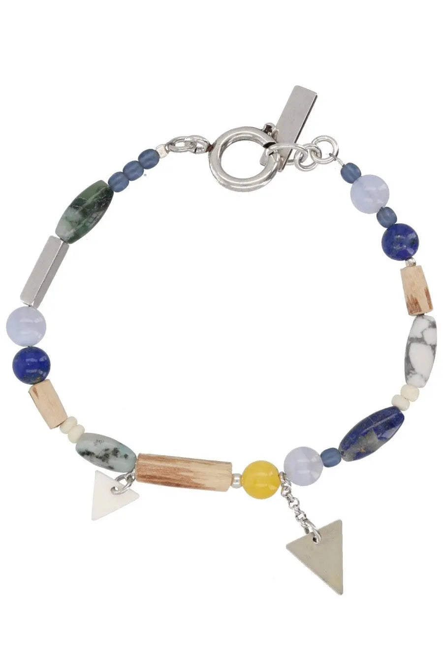 Isabel Marant men’s Yulian bracelet blue with silver toggle clasp and colorful blue green white beads with wooden stone accents