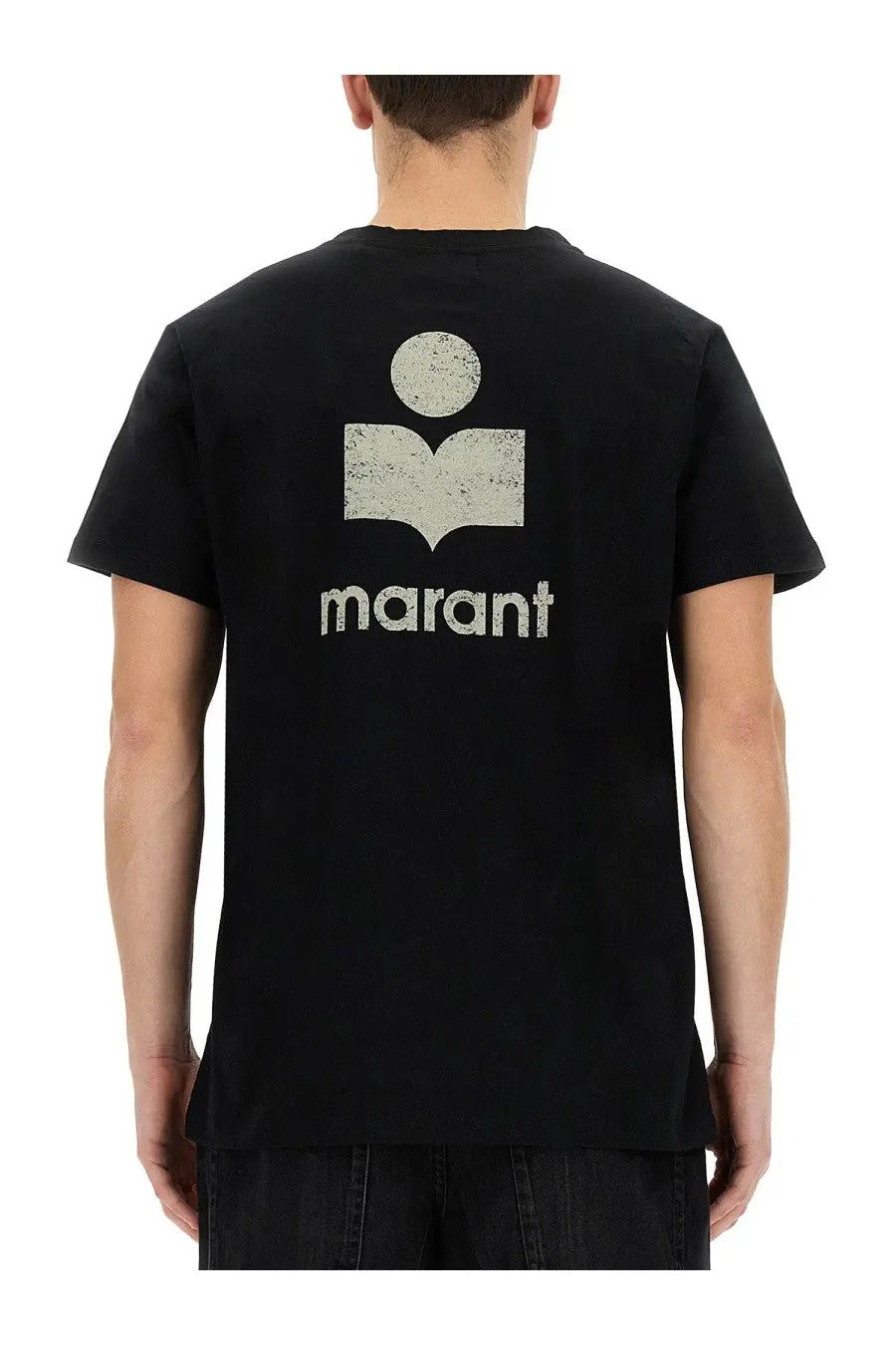 Isabel Marant men’s black short-sleeved t-shirt with distressed white logo and marant print below it