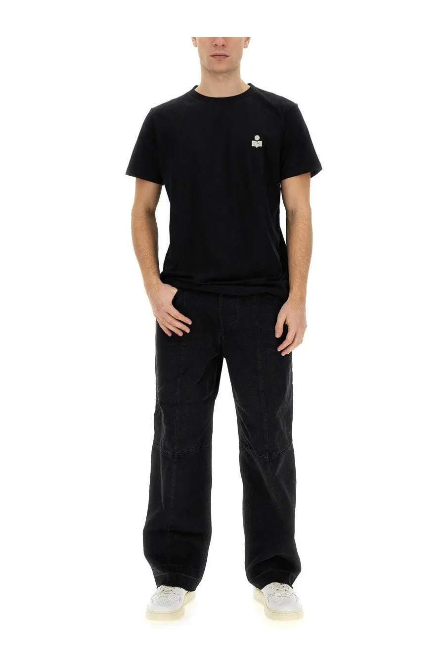 Isabel Marant men’s black short-sleeved t-shirt with a small white logo on the left chest made from soft cotton