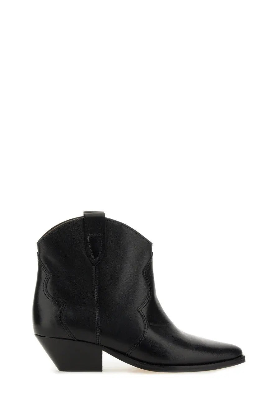 Isabel Marant women’s black leather ankle boot with pointed toe and block heel