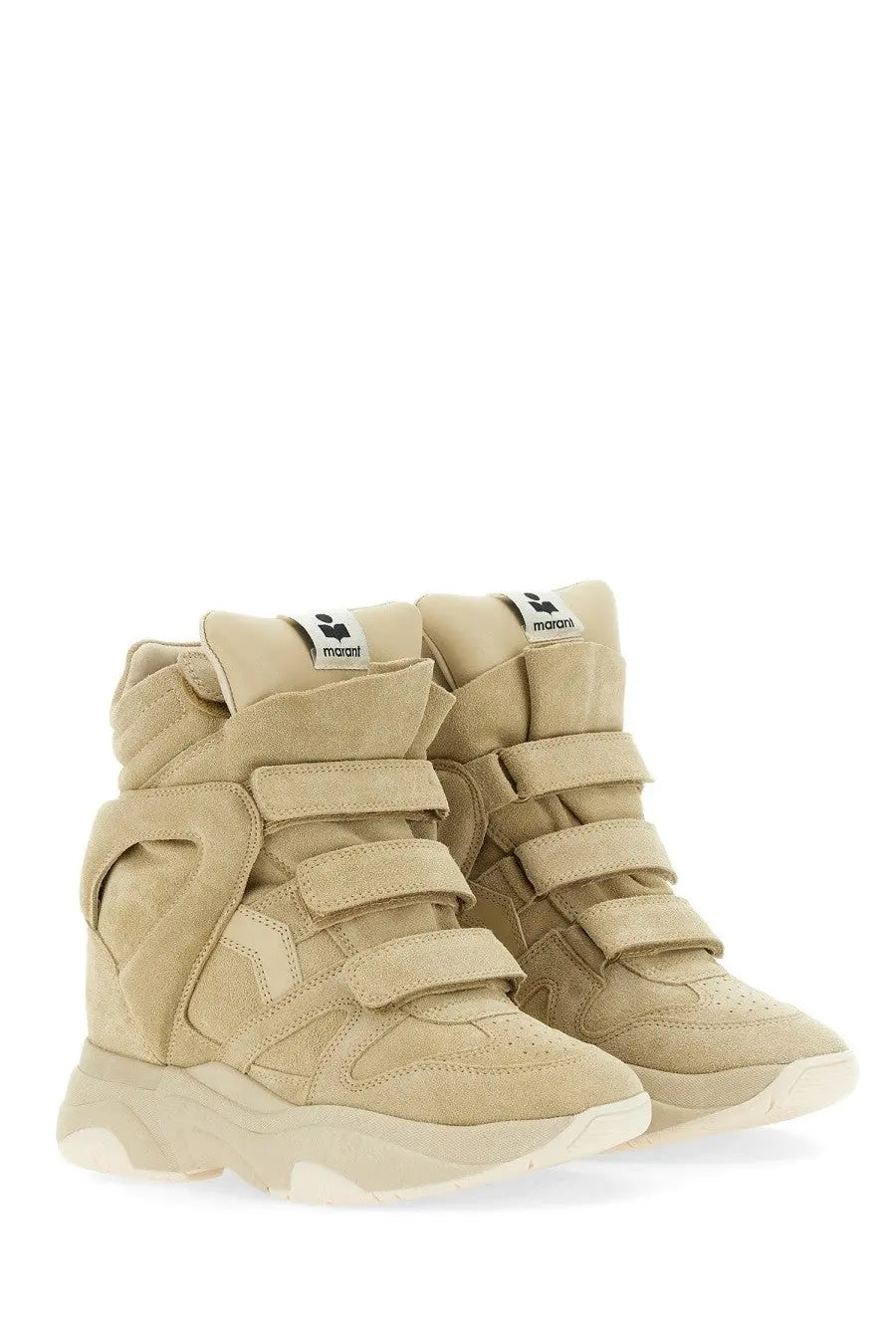 Beige suede Isabel Marant women’s Balskee high-top sneakers with multiple velcro straps and chunky sole