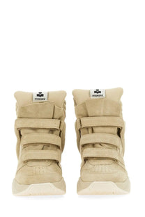 Beige suede high-top Isabel Marant women’s Balskee sneaker with three velcro straps and chunky white sole