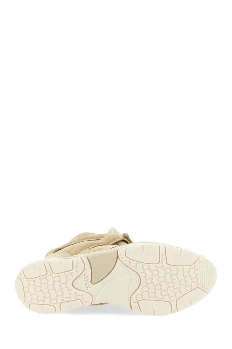 Beige suede isabel marant women’s balskee high-top sneaker with textured rubber sole and subtle heel branding, back view