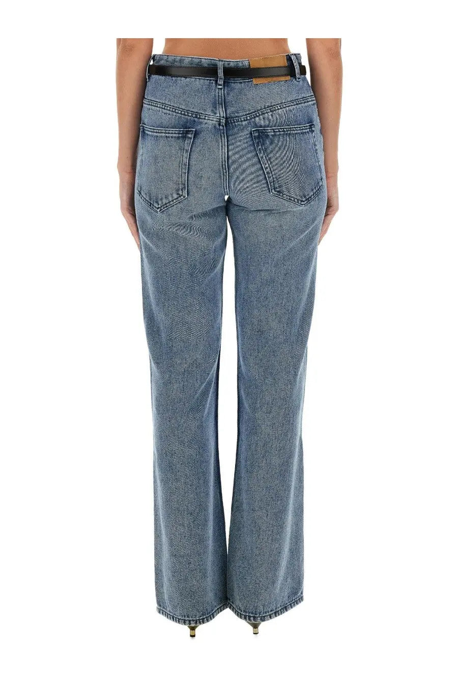 Isabel marant women’s belvira blue denim flare jeans with black belt and brown leather tab front view