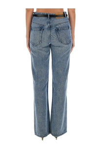 Isabel marant women’s belvira blue denim flare jeans with black belt and brown leather tab front view