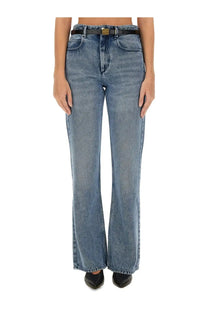 Isabel Marant women’s blue high-waisted denim flare jeans with black belt and gold-tone buckle