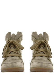 Isabel Marant women’s Bobby sneaker beige suede high-top with matching laces and perforated textured design