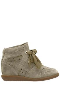 Isabel Marant women’s beige suede wedge sneaker with perforated detailing and matching laces
