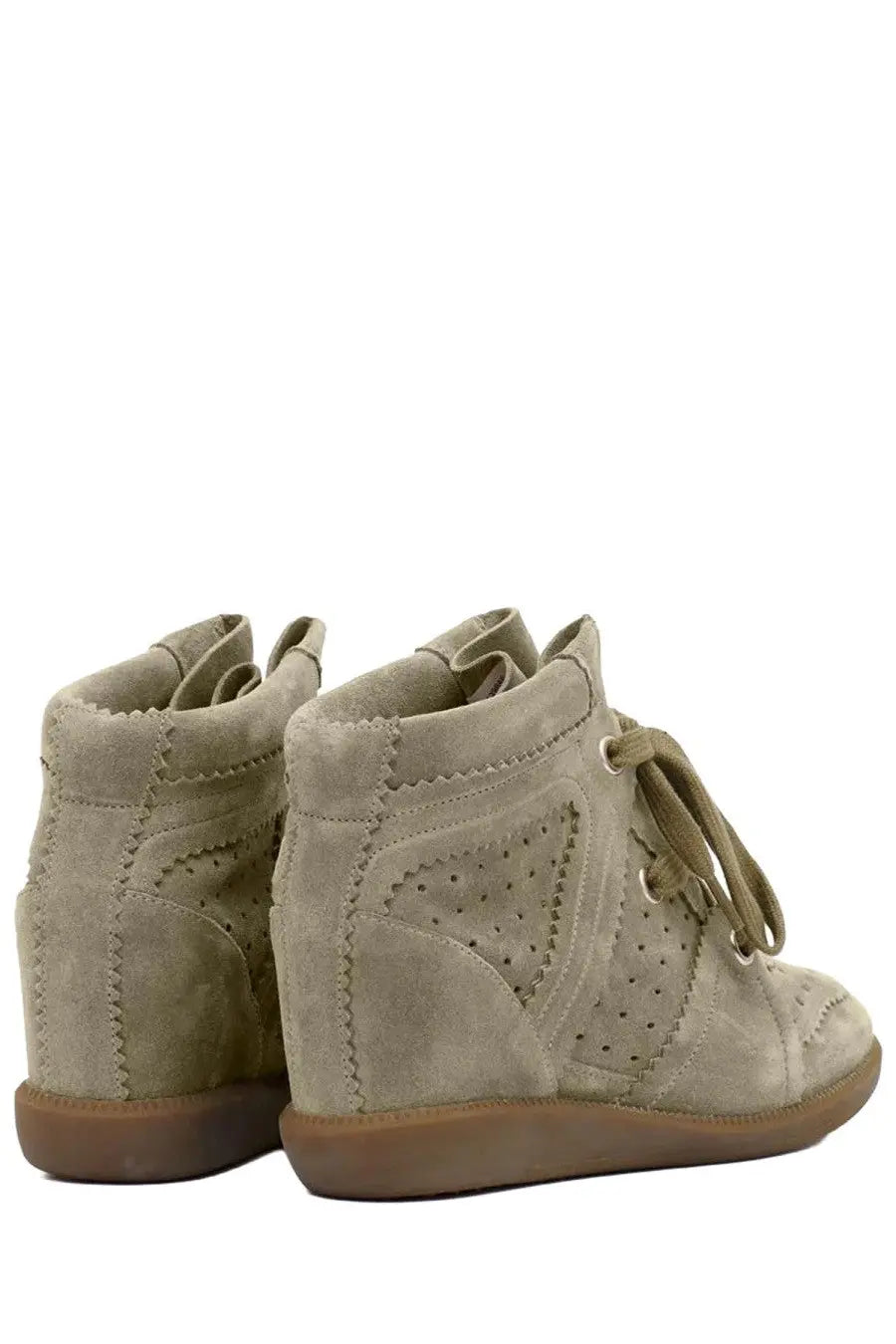 Isabel Marant women’s Bobby sneaker beige suede wedge with perforated detailing and matching laces