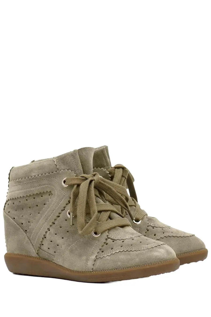 Isabel Marant women’s beige suede wedge sneakers with perforated detailing and matching laces
