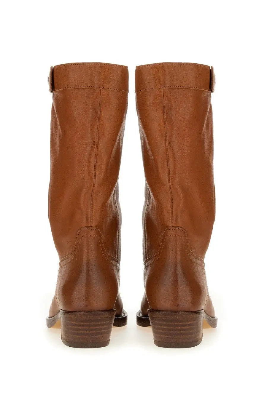 Isabel Marant women’s brown leather knee-high boots with low block heel and subtle stitching details