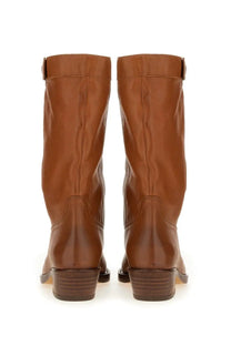 Isabel Marant women’s brown leather knee-high boots with low block heel and subtle stitching details