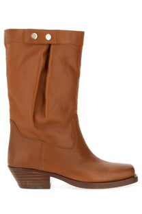 Isabel Marant women’s tan leather cowboy boot with low block heel and two silver-toned studs at the top