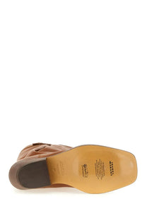 Isabel marant women’s tan leather cowboy boot ademe with square heel and stitched detailing