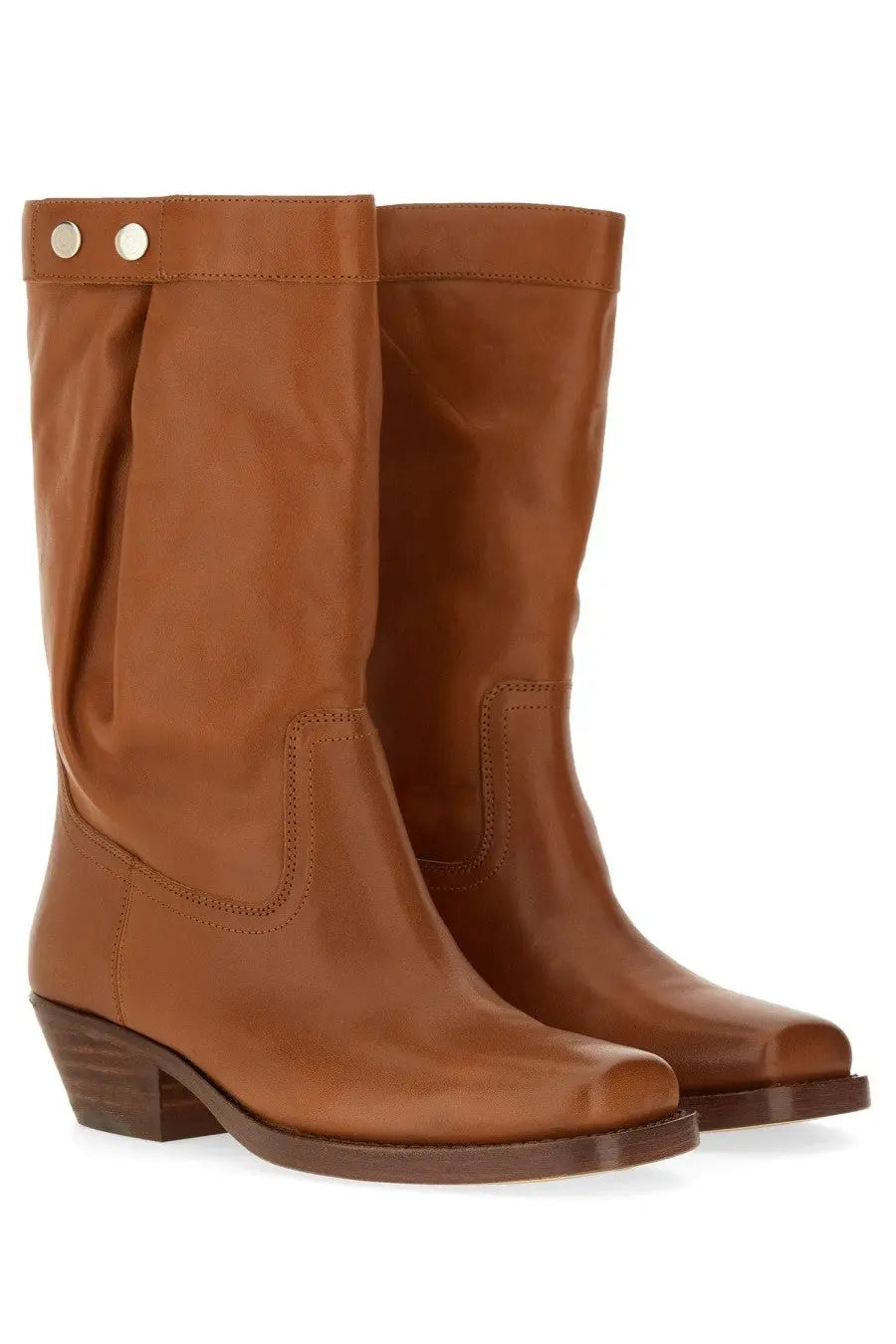 Isabel Marant women’s tan leather knee-high boots with square toe low block heel and silver stud cuff