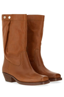 Isabel Marant women’s tan leather knee-high boots with square toe low block heel and silver stud cuff