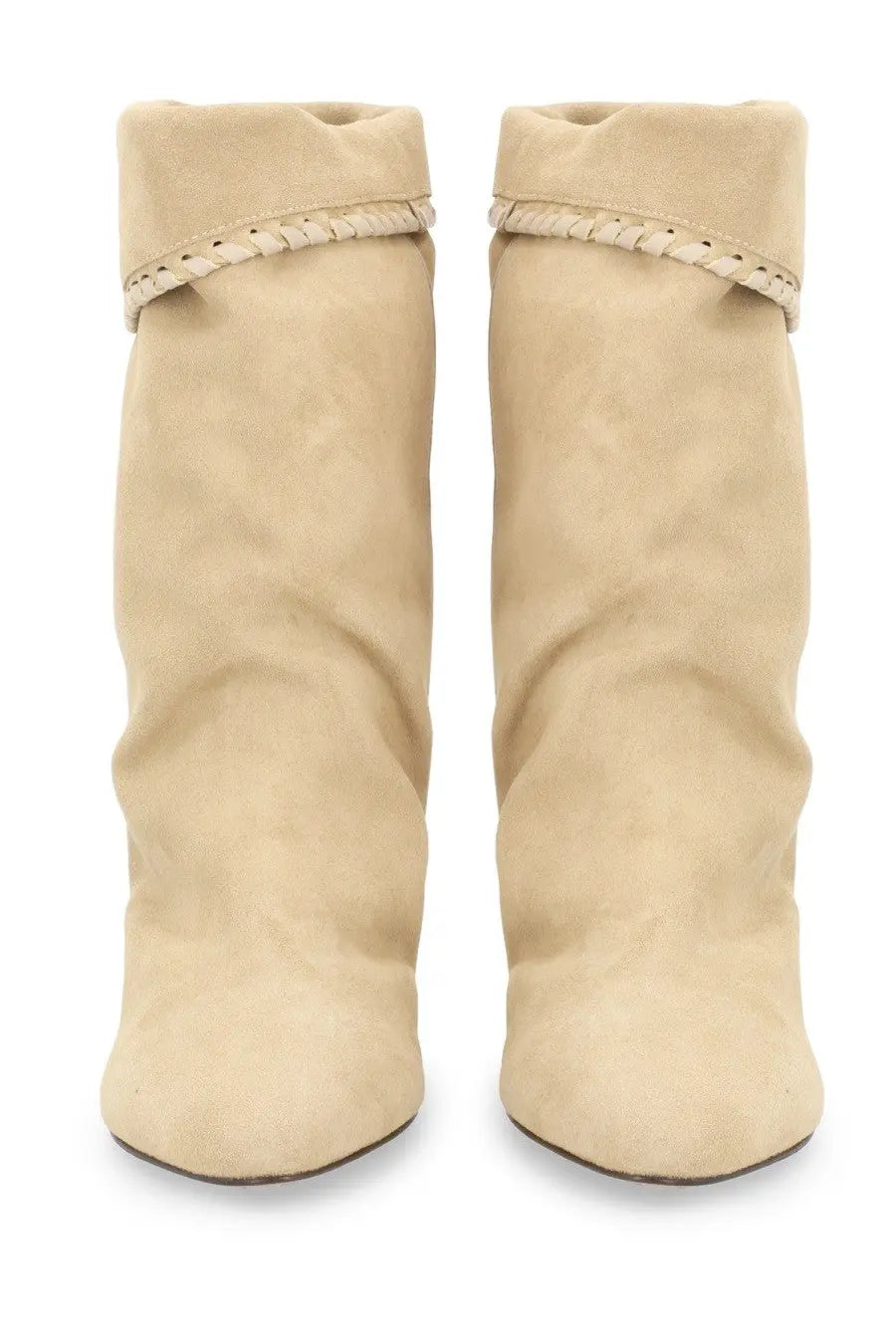 Isabel Marant women’s beige suede ankle boots with braided leather cuff detail and block heel for casual wear