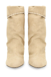 Isabel Marant women’s beige suede ankle boots with braided leather cuff detail and block heel for casual wear
