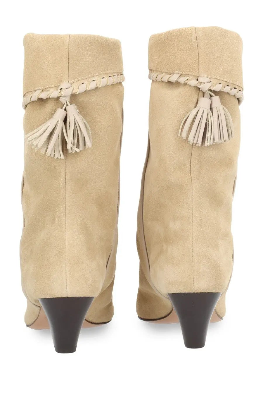 Isabel Marant womens beige suede ankle boots with braided leather straps tassels and black stacked heels