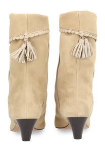 Isabel Marant womens beige suede ankle boots with braided leather straps tassels and black stacked heels