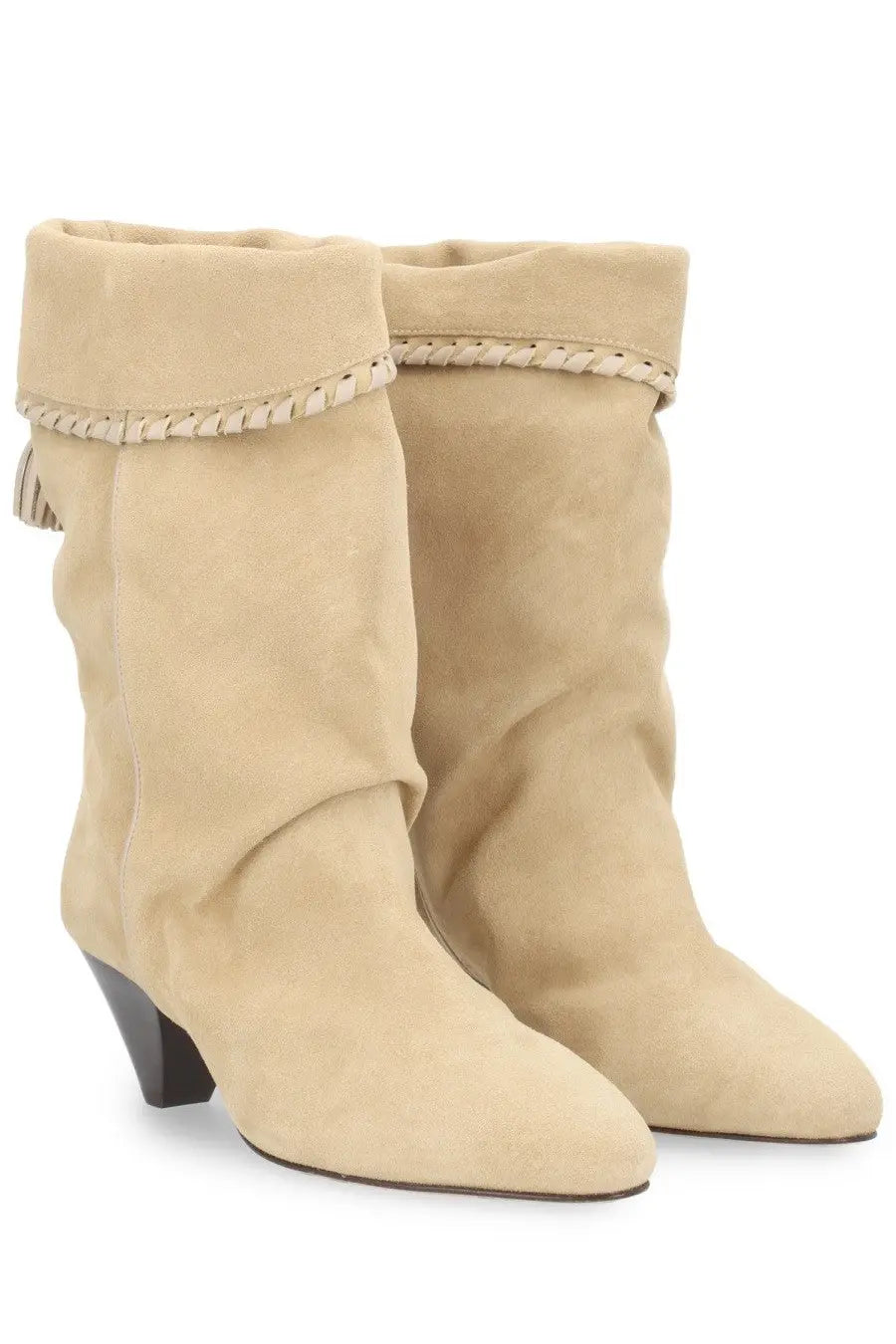 Isabel Marant women’s beige suede ankle boots with braided trim and tassel detail