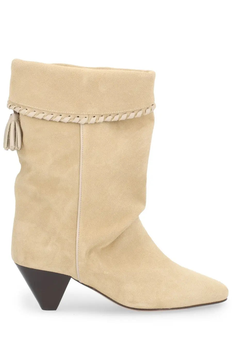 Isabel marant women’s boot dalby beige suede ankle boot with braided leather trim tassel and black cone heel