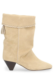 Isabel marant women’s boot dalby beige suede ankle boot with braided leather trim tassel and black cone heel