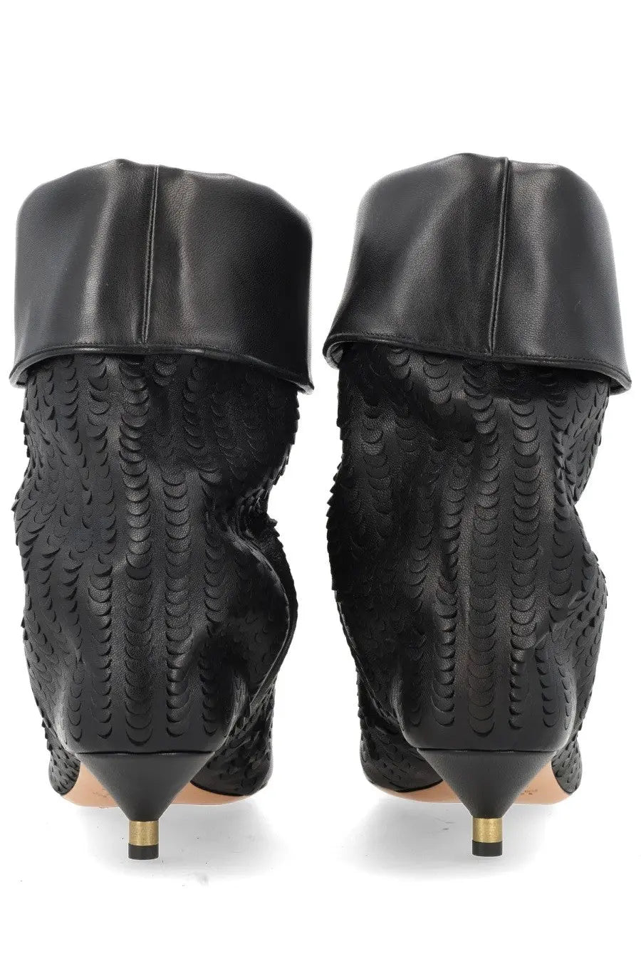 Isabel Marant women’s black leather ankle boots with pebbled texture and gold-toned heel caps