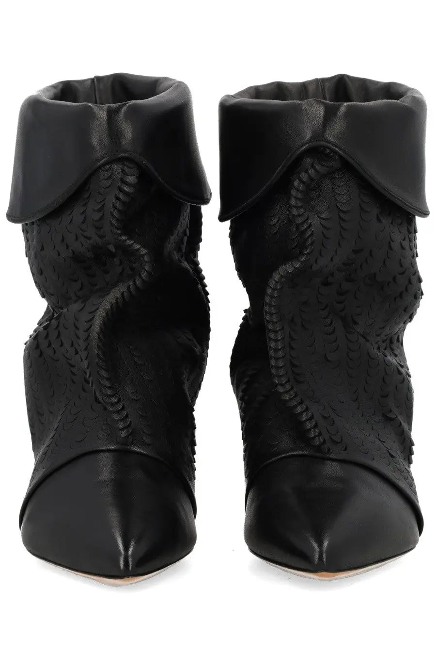 Isabel Marant women’s black leather ankle boots with textured woven pattern and soft draped collar
