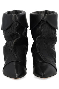 Isabel Marant women’s black leather ankle boots with textured woven pattern and soft draped collar