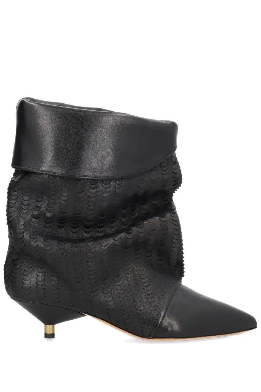 Isabel Marant women’s black leather ankle boot with textured pebbled pattern and pointed toe