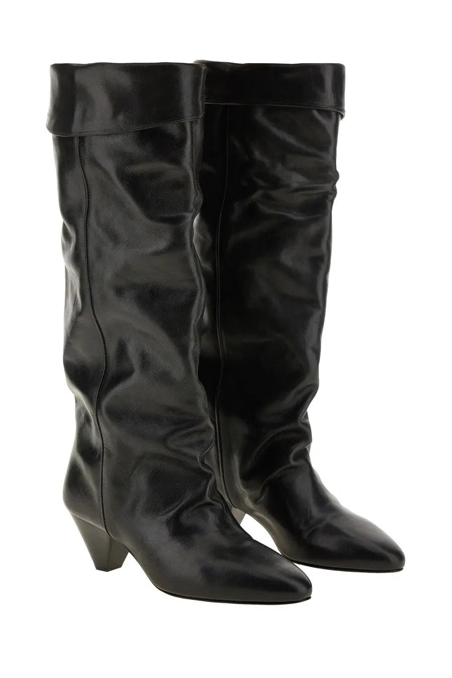 Isabel Marant women’s black leather knee-high boots with glossy finish and pointed toes