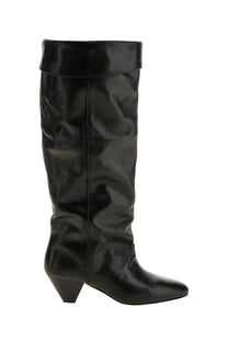 Isabel Marant women’s boot elita black patent leather knee-high boot with sleek glossy finish and low block heel