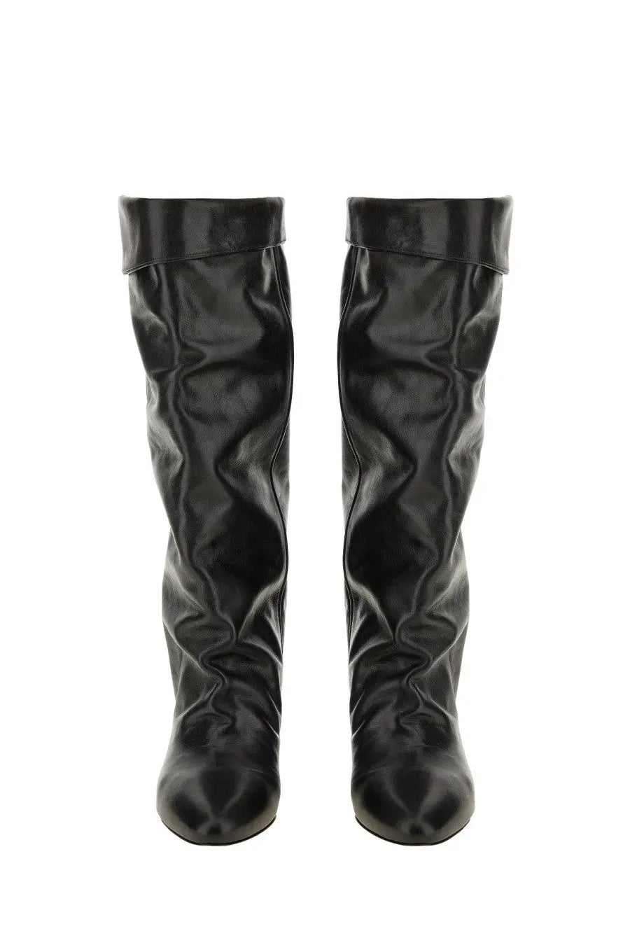 Isabel Marant women’s Elita black knee-high boots in glossy patent leather with a slightly flared tapered design