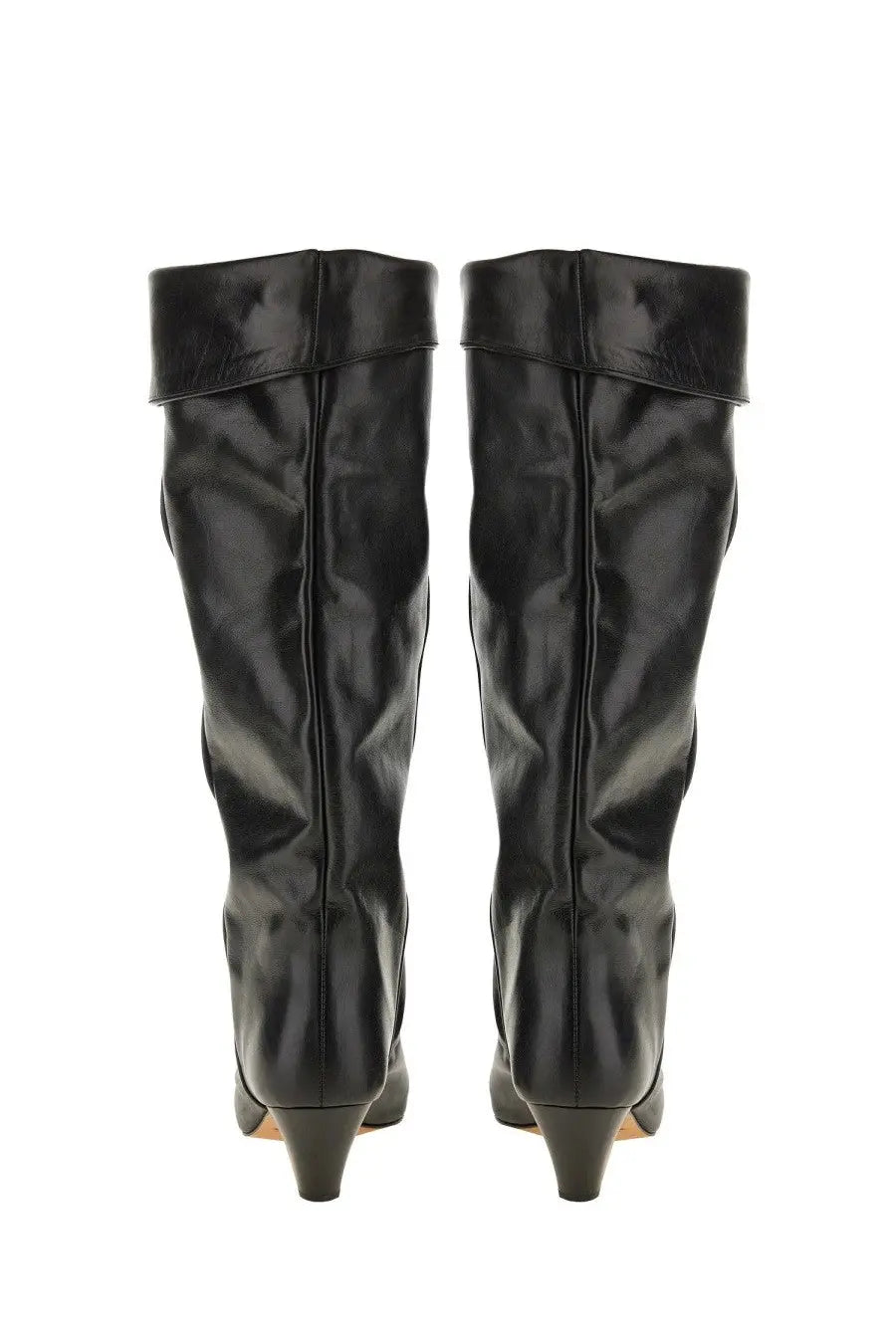 Isabel Marant women’s black patent leather knee-high boots with sleek glossy finish and pointed heels