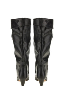 Isabel Marant women’s black patent leather knee-high boots with sleek glossy finish and pointed heels